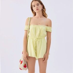 NWT UO Evie Off-The-Shoulder Check Romper